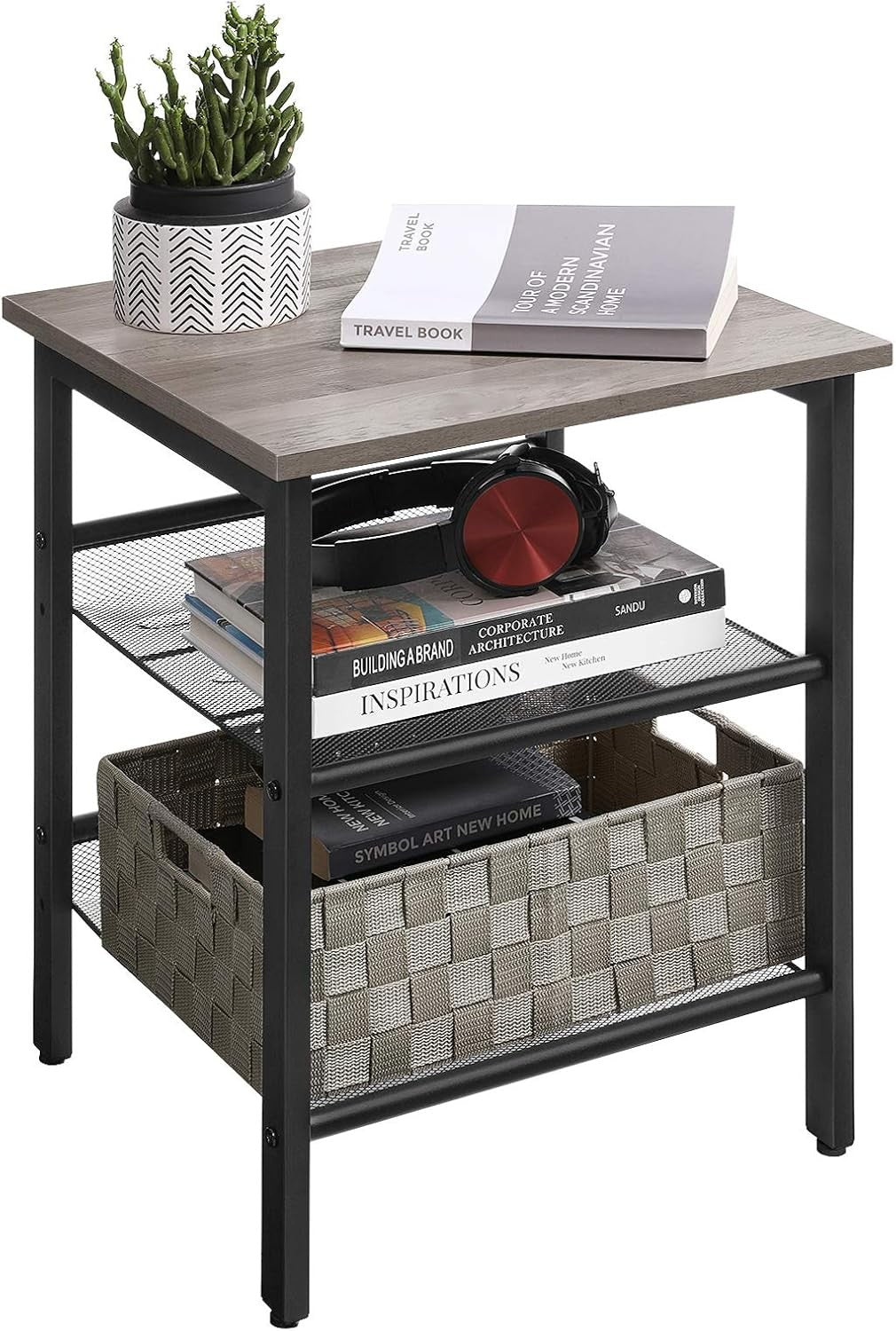 Industrial Side Table with Adjustable Mesh Shelves, Modern Bedside End Table