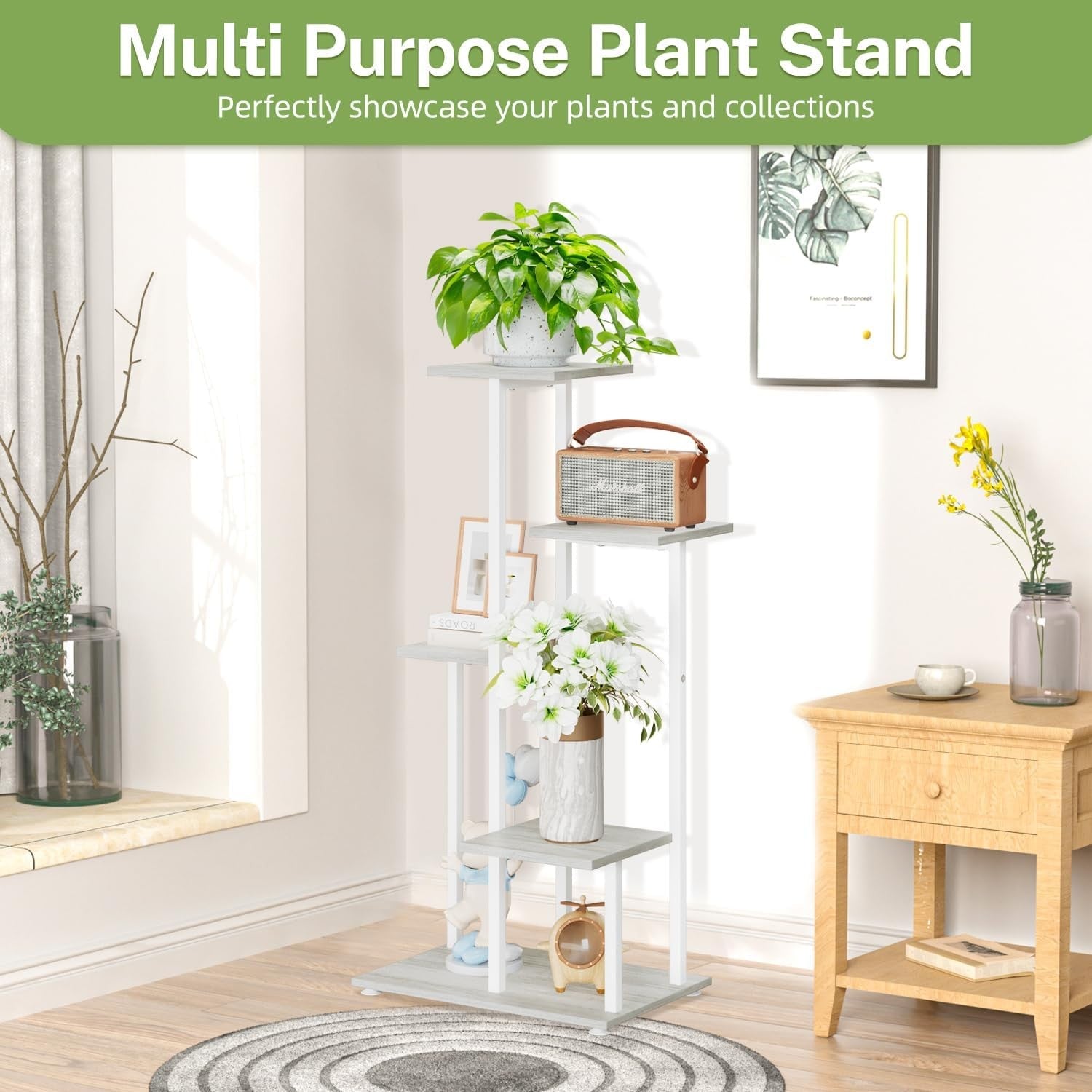 5 Tier White Metal & Wood Plant Stand | Tall Corner Indoor Display Shelf Rack