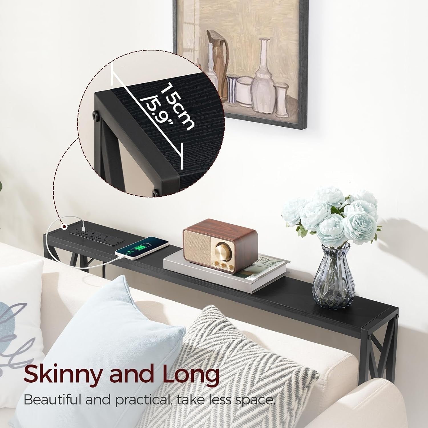 Narrow Console Table with USB Charging Ports – 100cm Slim Hallway Desk