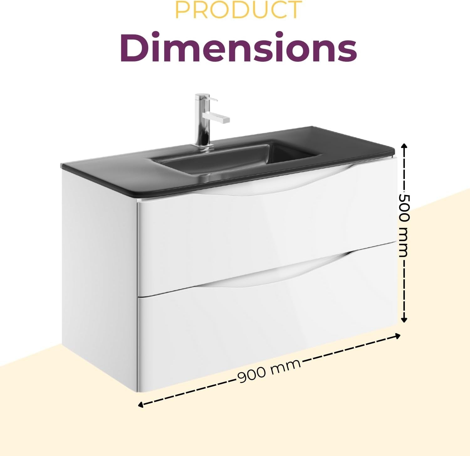900mm Wall Hung Vanity Unit White Gloss with Grey Glass Basin Bathroom Storage