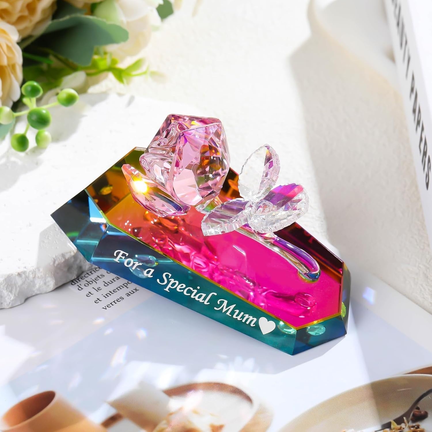 Crystal Rose Ornament Gift For Mum – Multicolour Glass Flower Keepsake