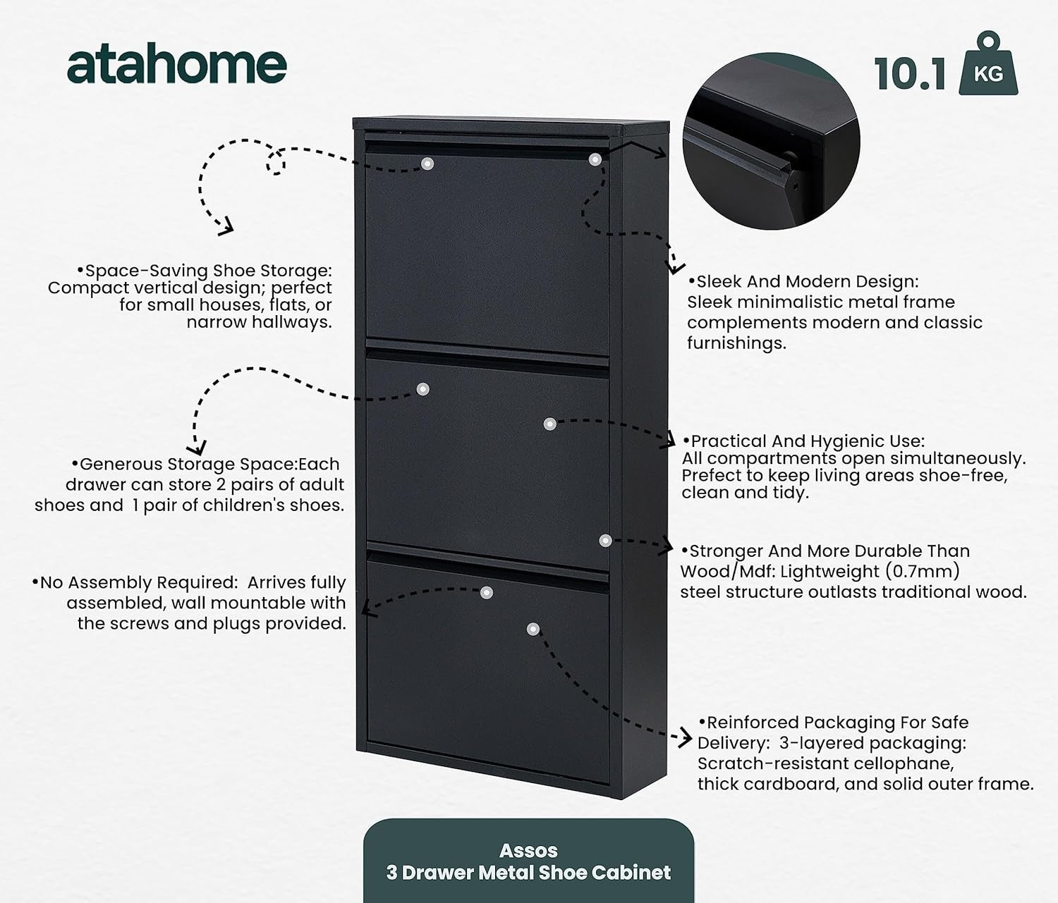 Slim Wall Mounted Shoe Cabinet 3 Drawer Metal Storage Organizer Black 104cm