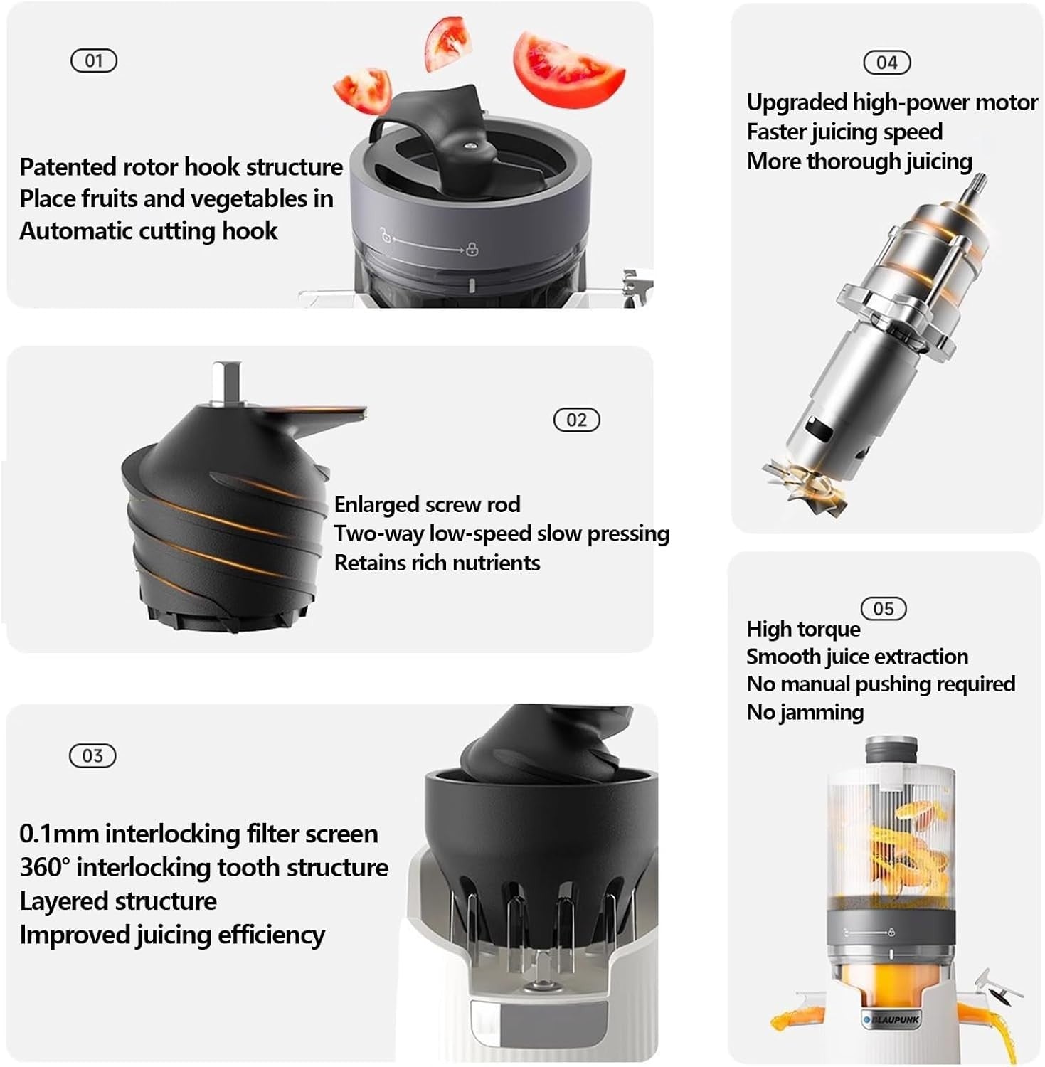 150W Cold Press Juicer 1.1L Large Feed Chute Low Noise Reverse