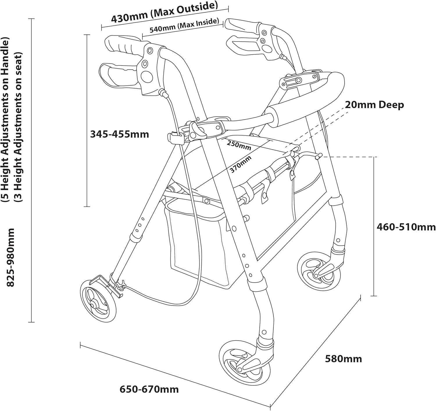 Lightweight Folding Rollator Walker with Seat Shopping Bag Hand Brakes