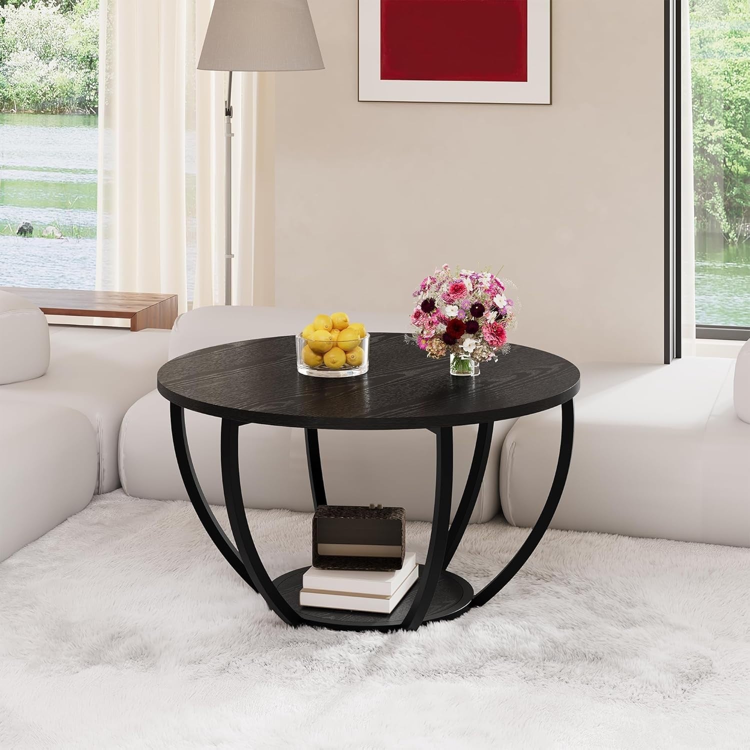 Round 2-Tier Coffee Table with Storage Shelves, Wooden Top & Metal Frame Black