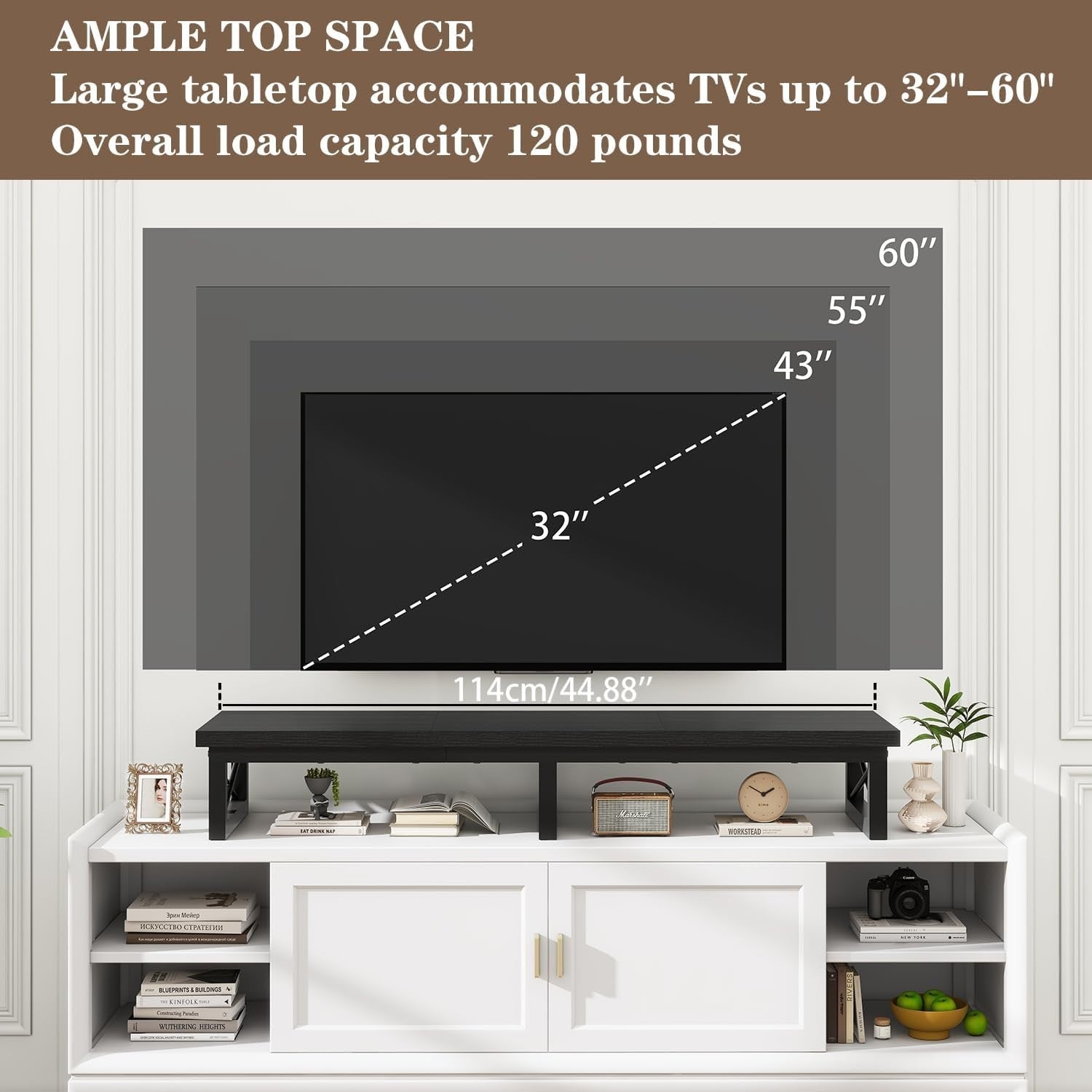 TV Monitor Riser for 32-60" with Shelf Storage, Steel Frame, Modern Desk