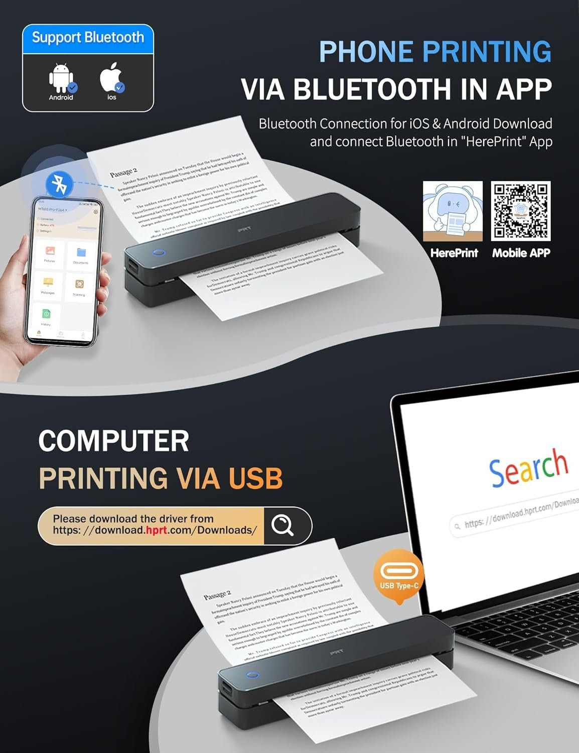 Portable A4 Thermal Printer 300DPI Wireless Inkless Travel