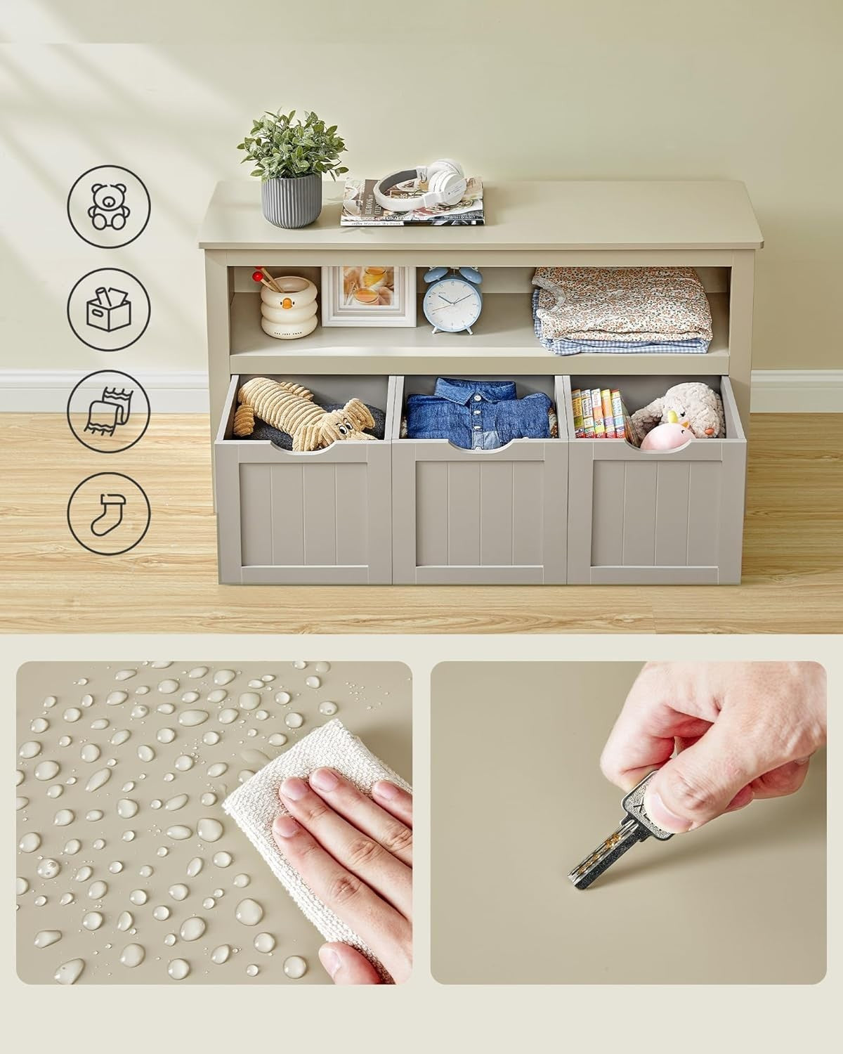Kids Toy Storage Cabinet with Wheels 3 Drawer Organiser Sand Beige 102x30x60cm