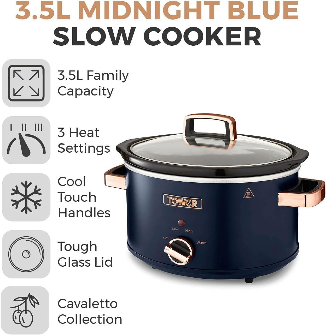 3.5L Electric Slow Cooker, 210W, 3 Heat Settings, Cool Touch Handles, Blue