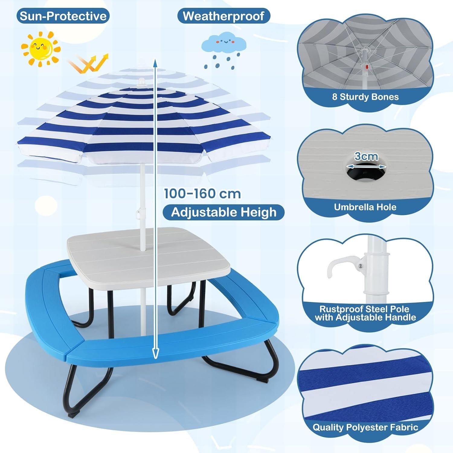 Kids Picnic Table & 8-Seat Bench Set with Adjustable Umbrella Outdoor Indoor
