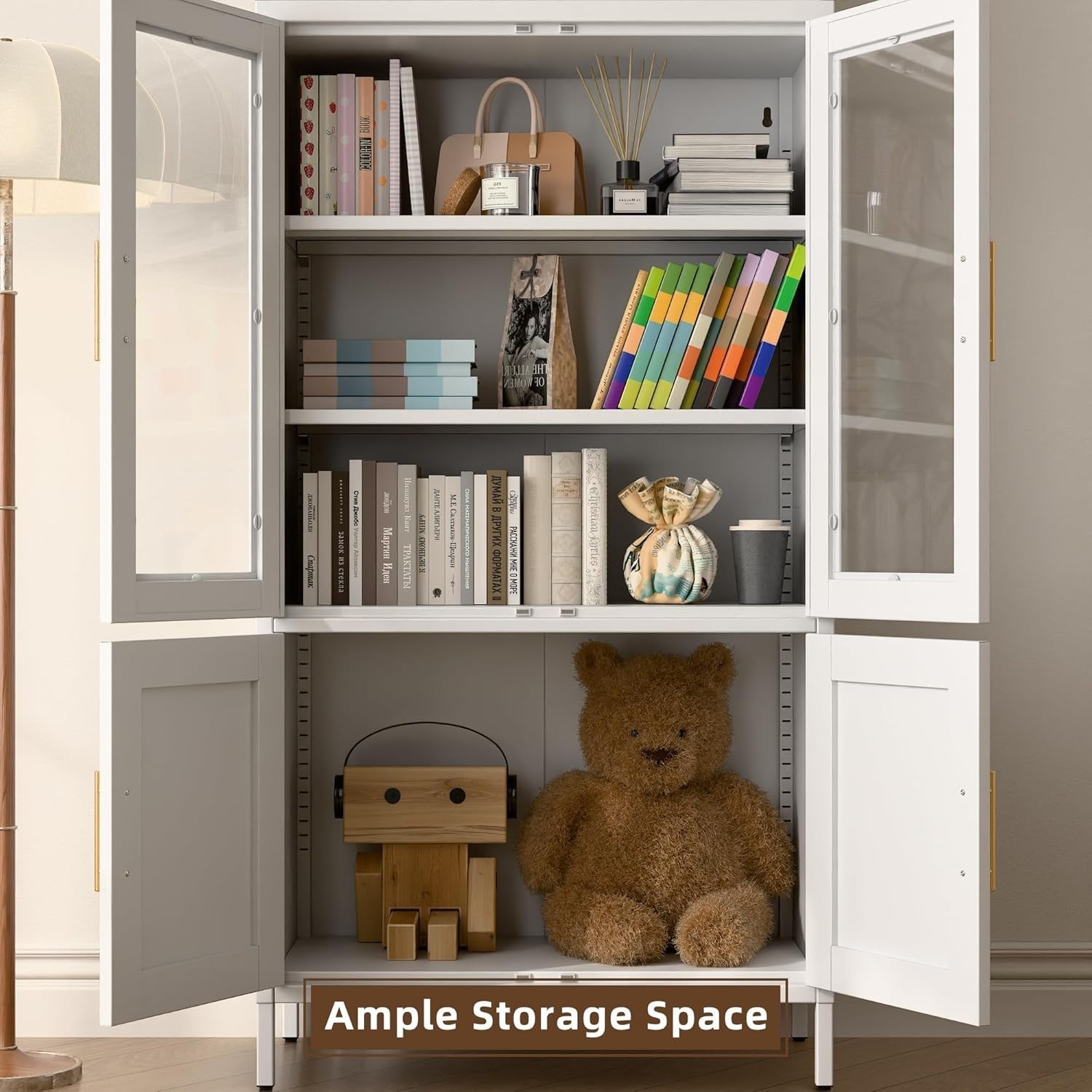Tall White Kitchen Pantry Cabinet Glass Doors Metal Storage 185cm Modern