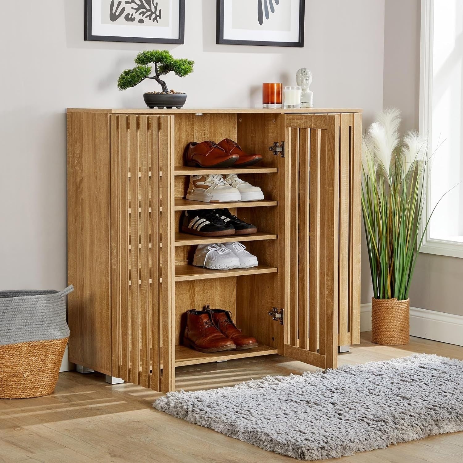 Spacious 3 Door Wooden Shoe Cabinet with 8 Shelves | Oak Effect Storage