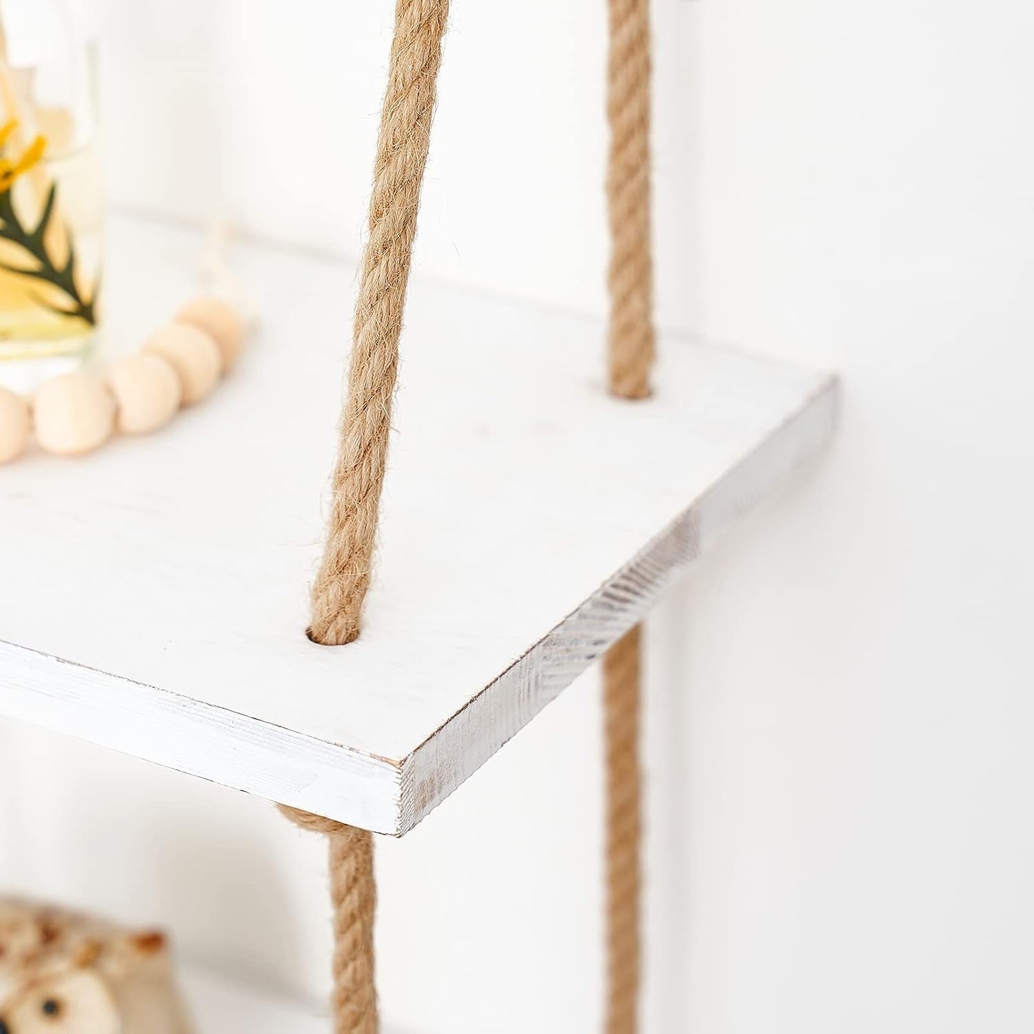 3-Tier White Wood Hanging Shelf Boho Rope Floating Decor