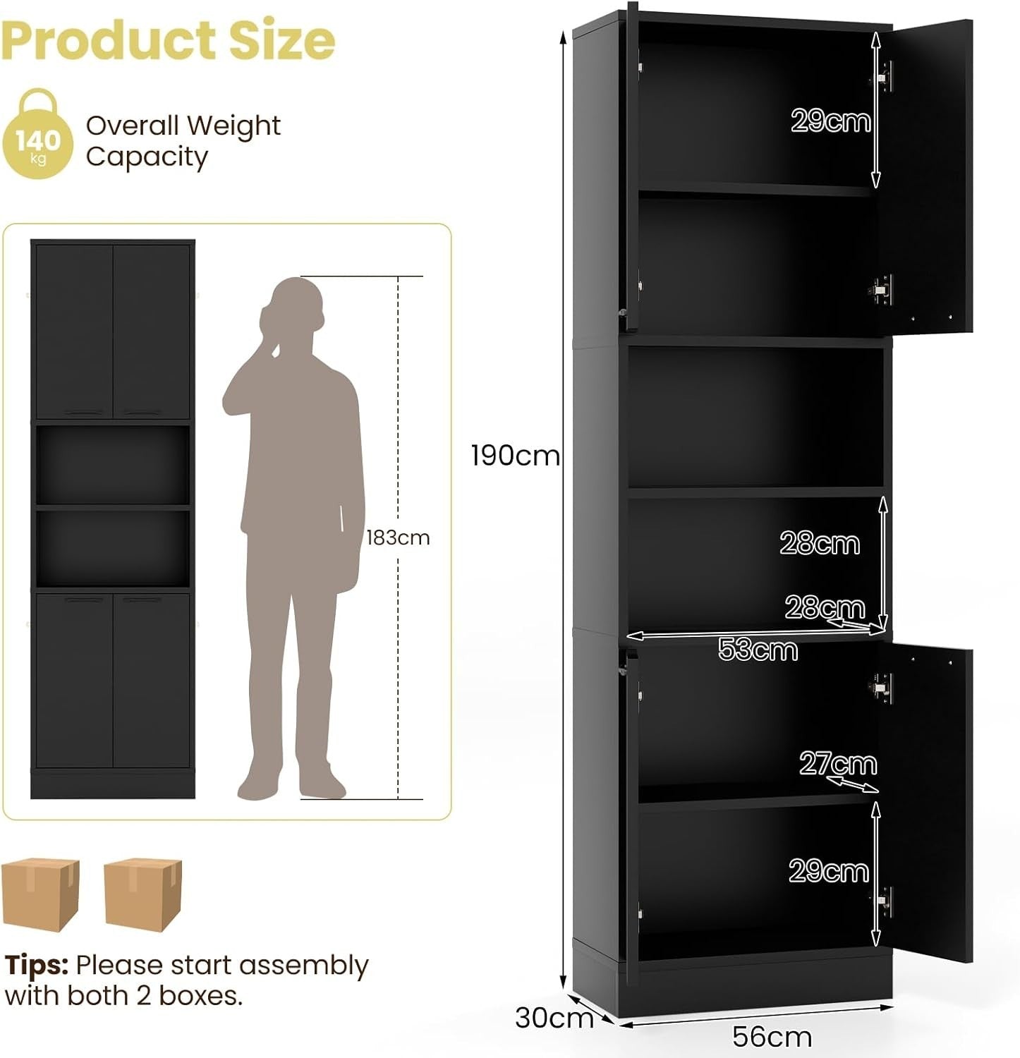 190cm Tall Kitchen Cupboard Black 4 Doors Open & Closed Storage Cabinet