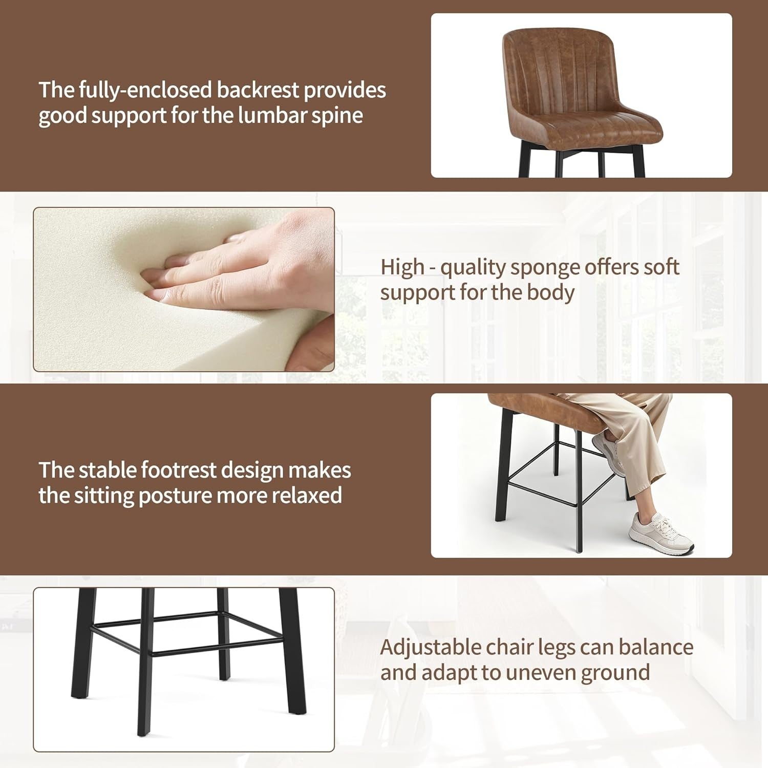 Swivel Bar Stools Set of 2 | Brown PU Leather L-Shaped Counter Chairs