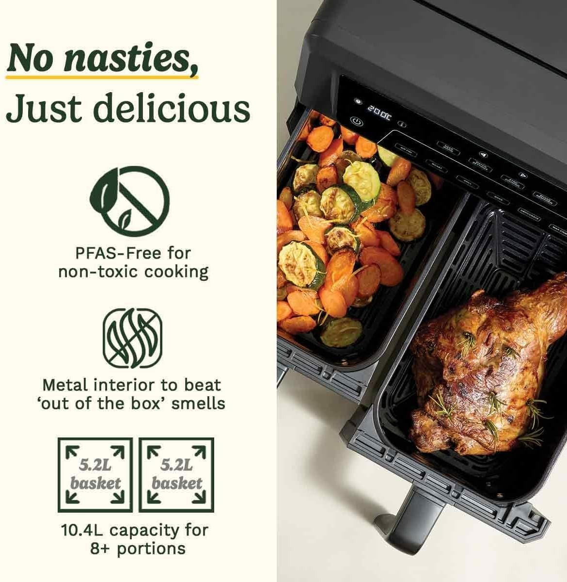 10.4L Dual Drawer Air Fryer PFAS Free 2x5.2L Windows Max Crisp 6in1