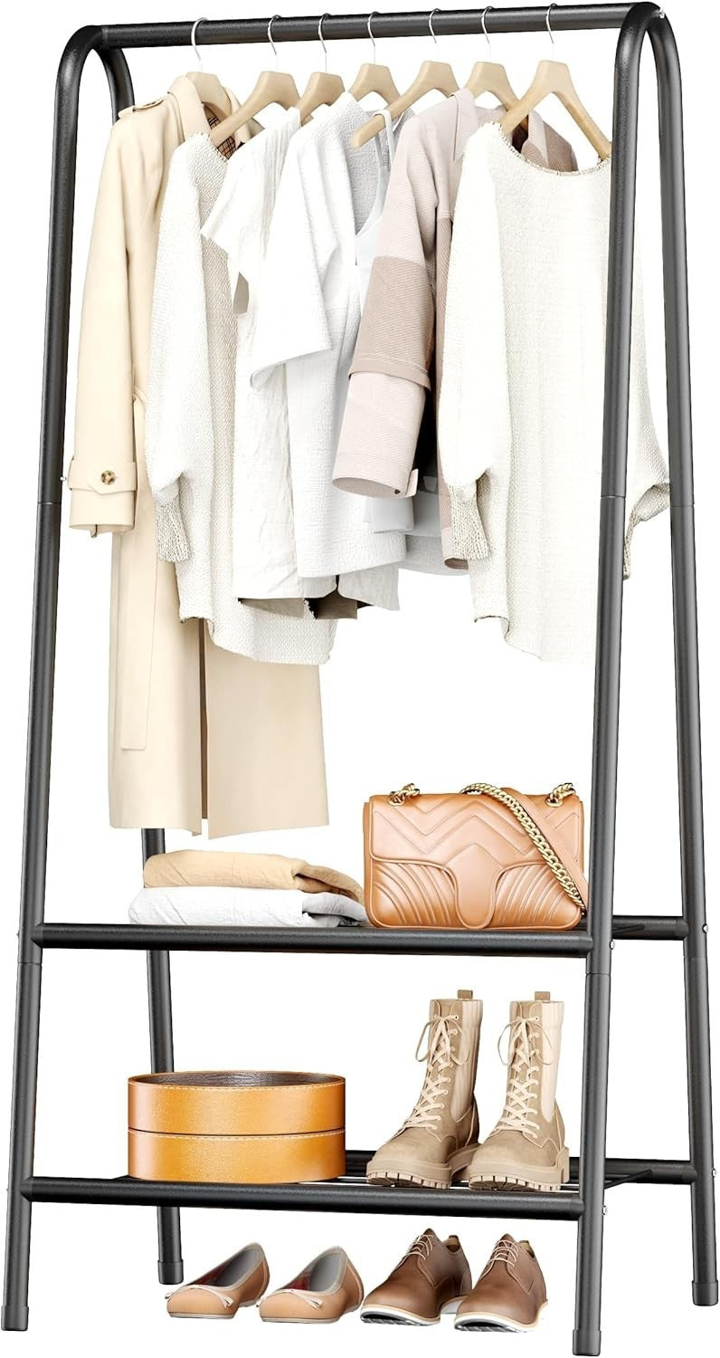 Black Metal Clothes Rack with Double Shelves 62"