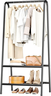 Black Metal Clothes Rack with Double Shelves 62"