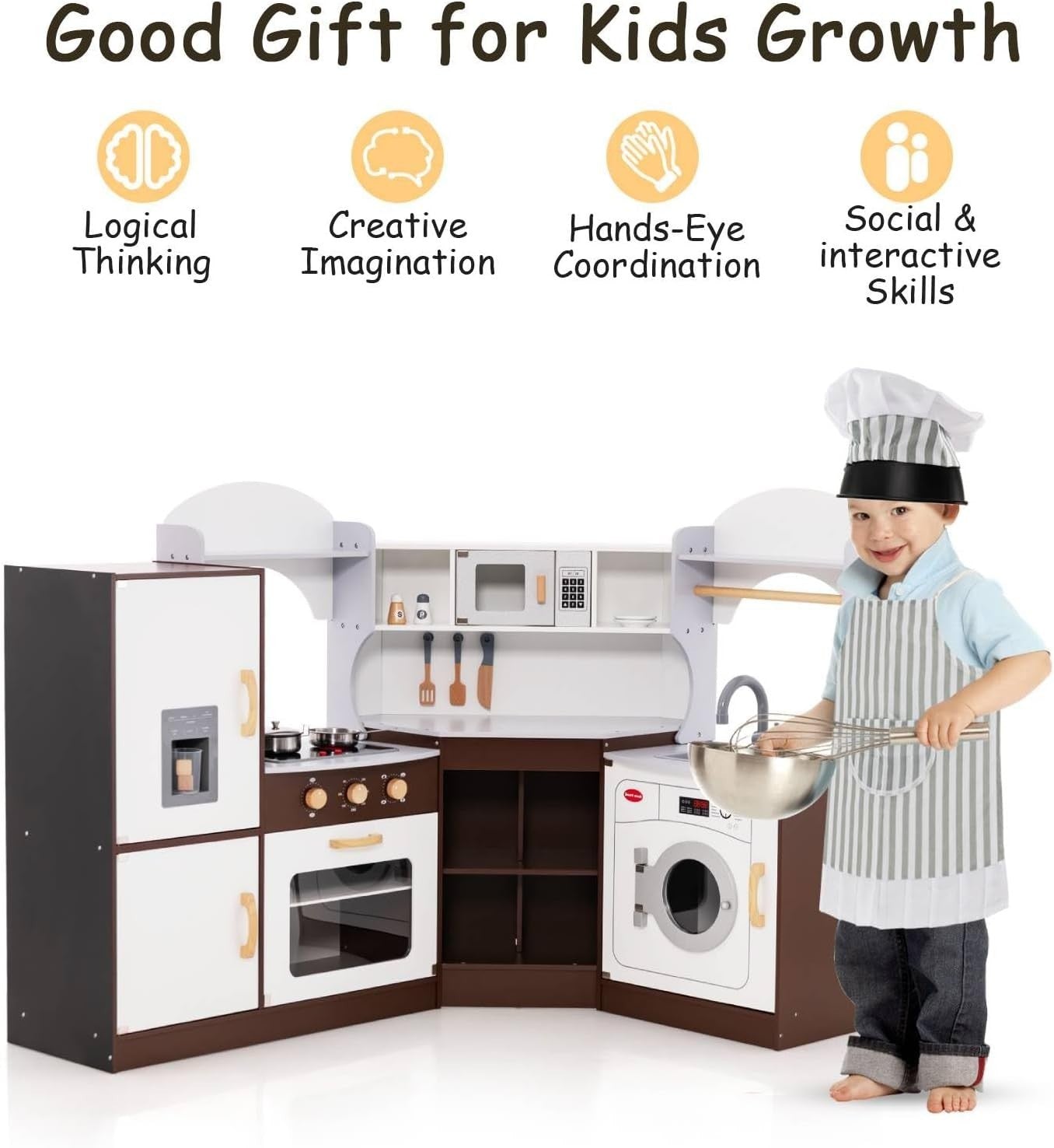 Kids Wooden Play Kitchen Light Sound Ice Dispenser Cooking Toy Brown