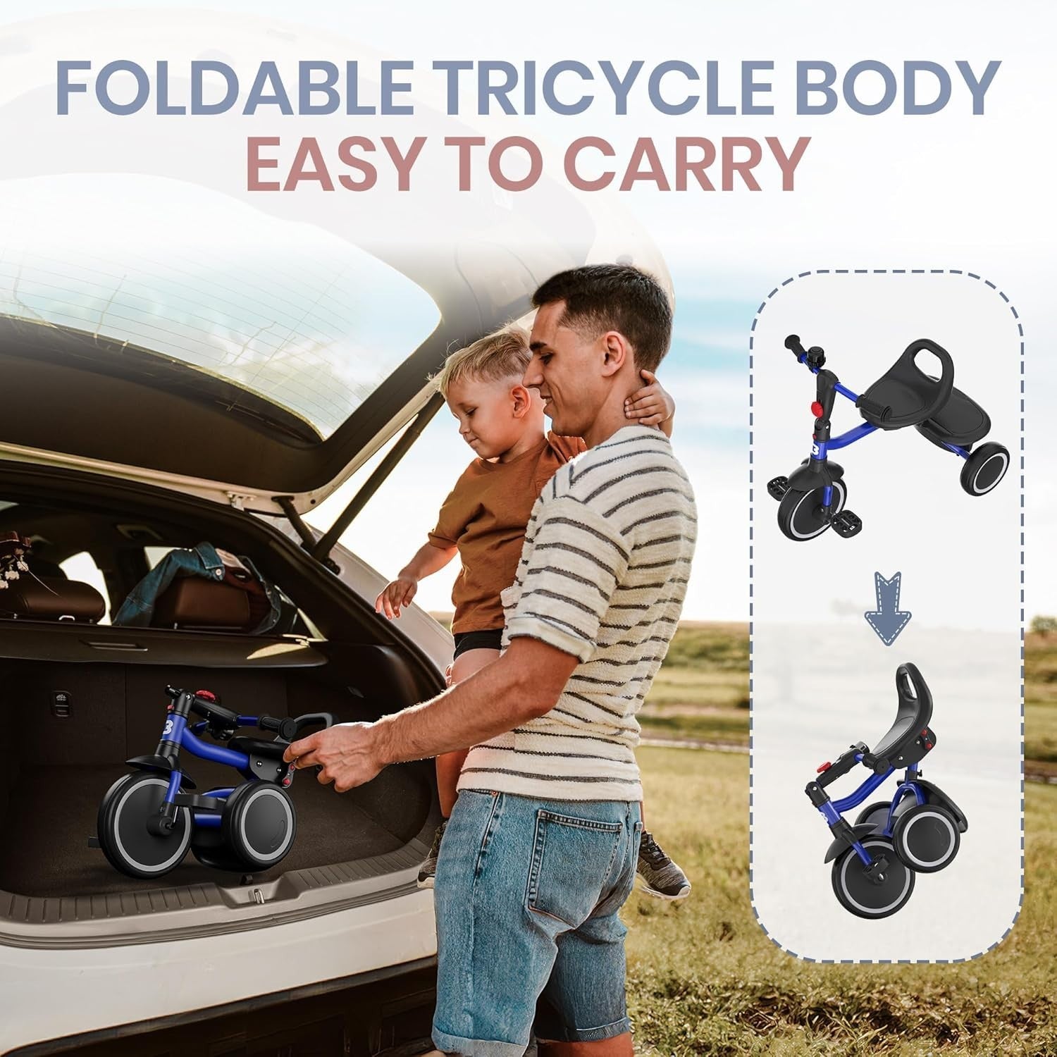 Kids Tricycle Toddler Trike Foldable Ride On Bike Blue Age 18M-5Y