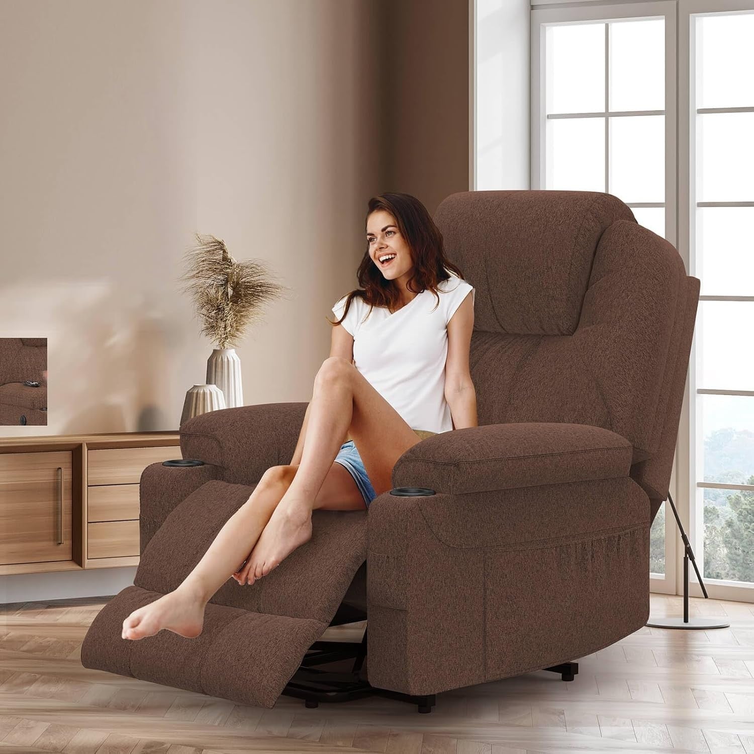 Power Lift Recliner Chair Massage Heat USB Type-C Cup Holders Fabric Brown