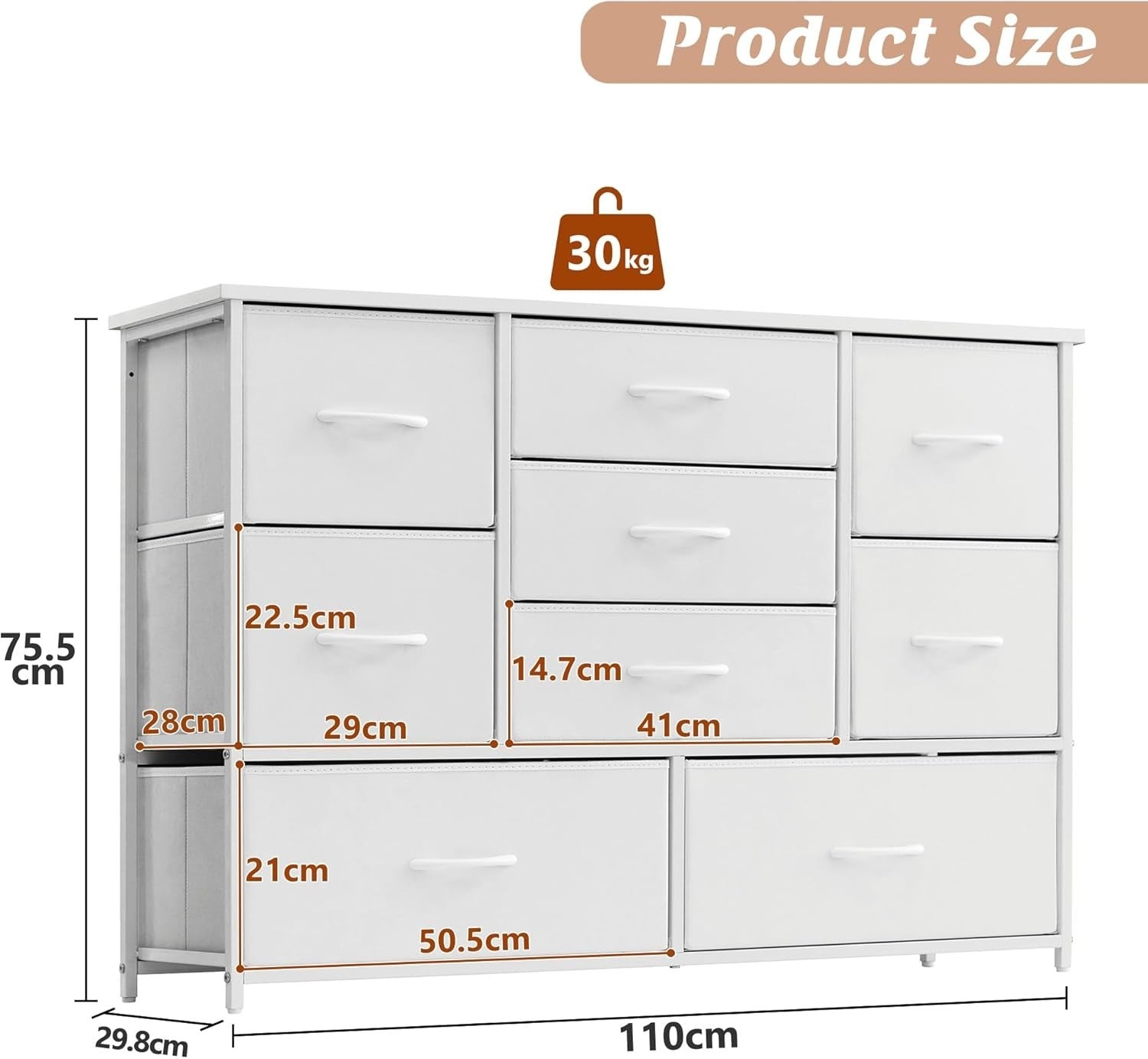 9 Drawer White Chest of Drawers Fabric Organizer Storage Dresser Bedroom TV Stan