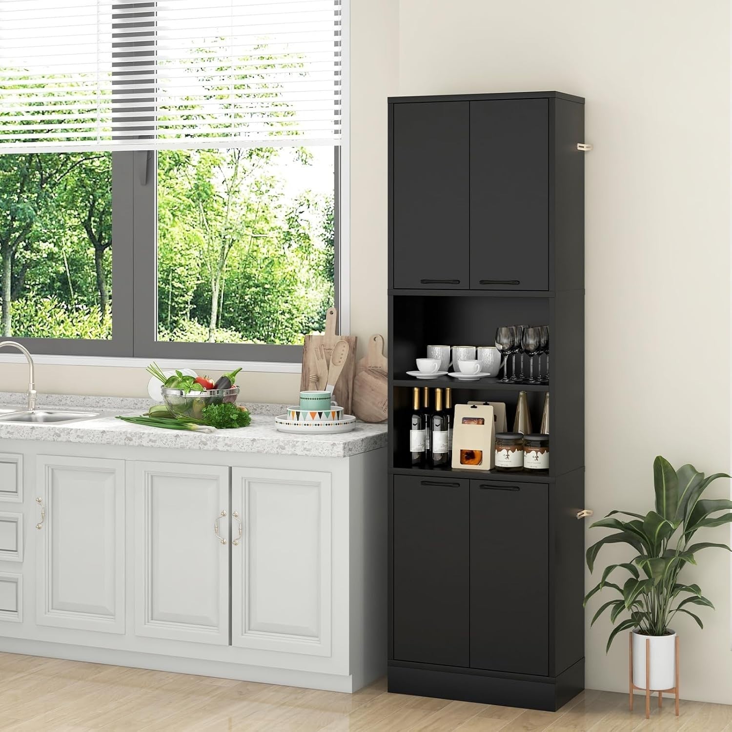 190cm Tall Kitchen Cupboard Black 4 Doors Open & Closed Storage Cabinet