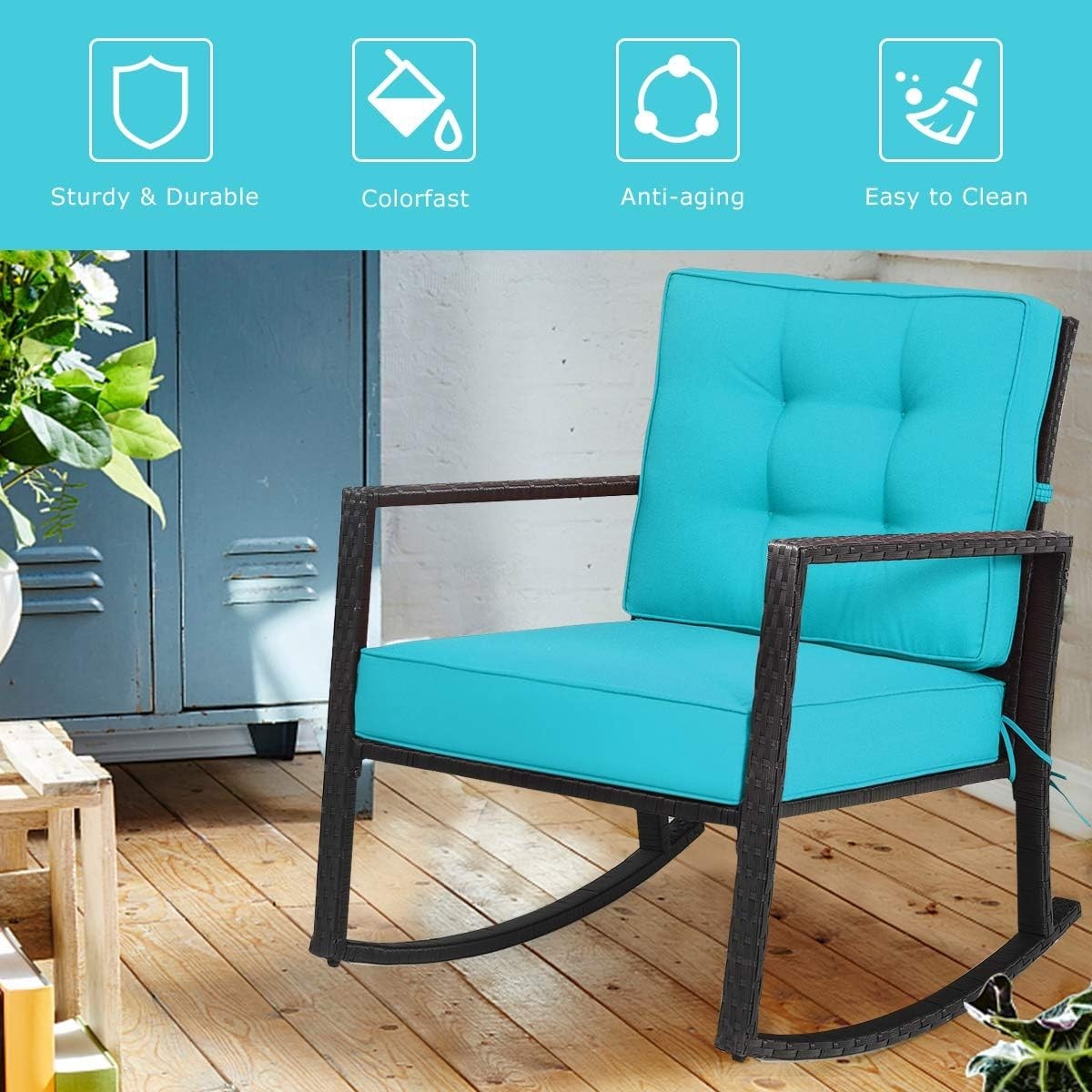 Outdoor Turquoise Rocking Chair with Cushions & Armrests Patio Glider