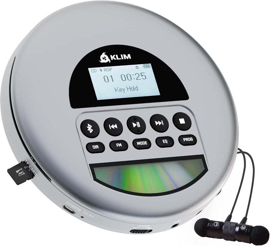 Portable CD Player Bluetooth FM Radio TF Card Rechargeable Grey w/ Earbuds
