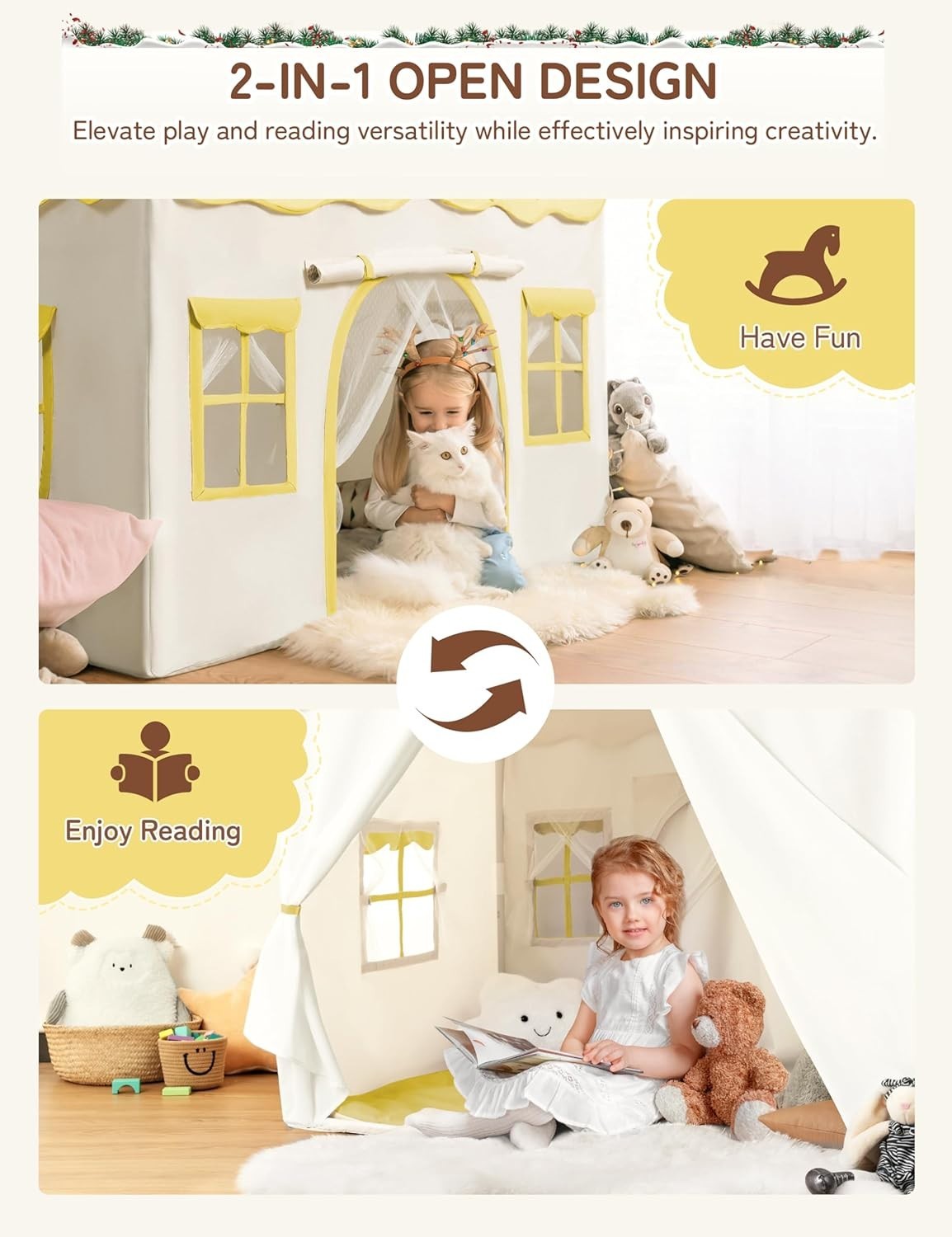 Yellow Kids Castle Tent Bed Canopy with Lights & Mat Indoor Playhouse