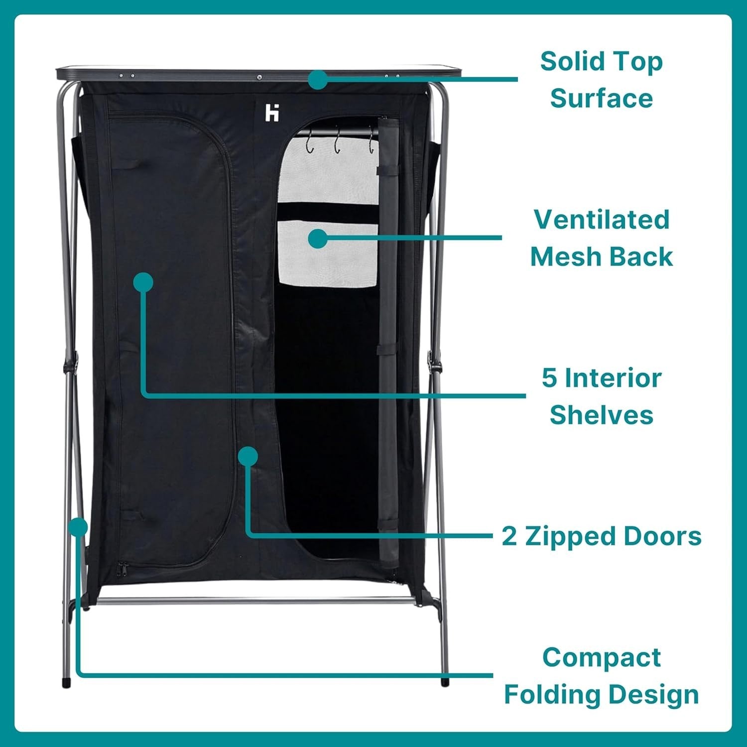 Folding Camping Wardrobe 5 Shelf Rail Storage Unit Tent Organiser Black