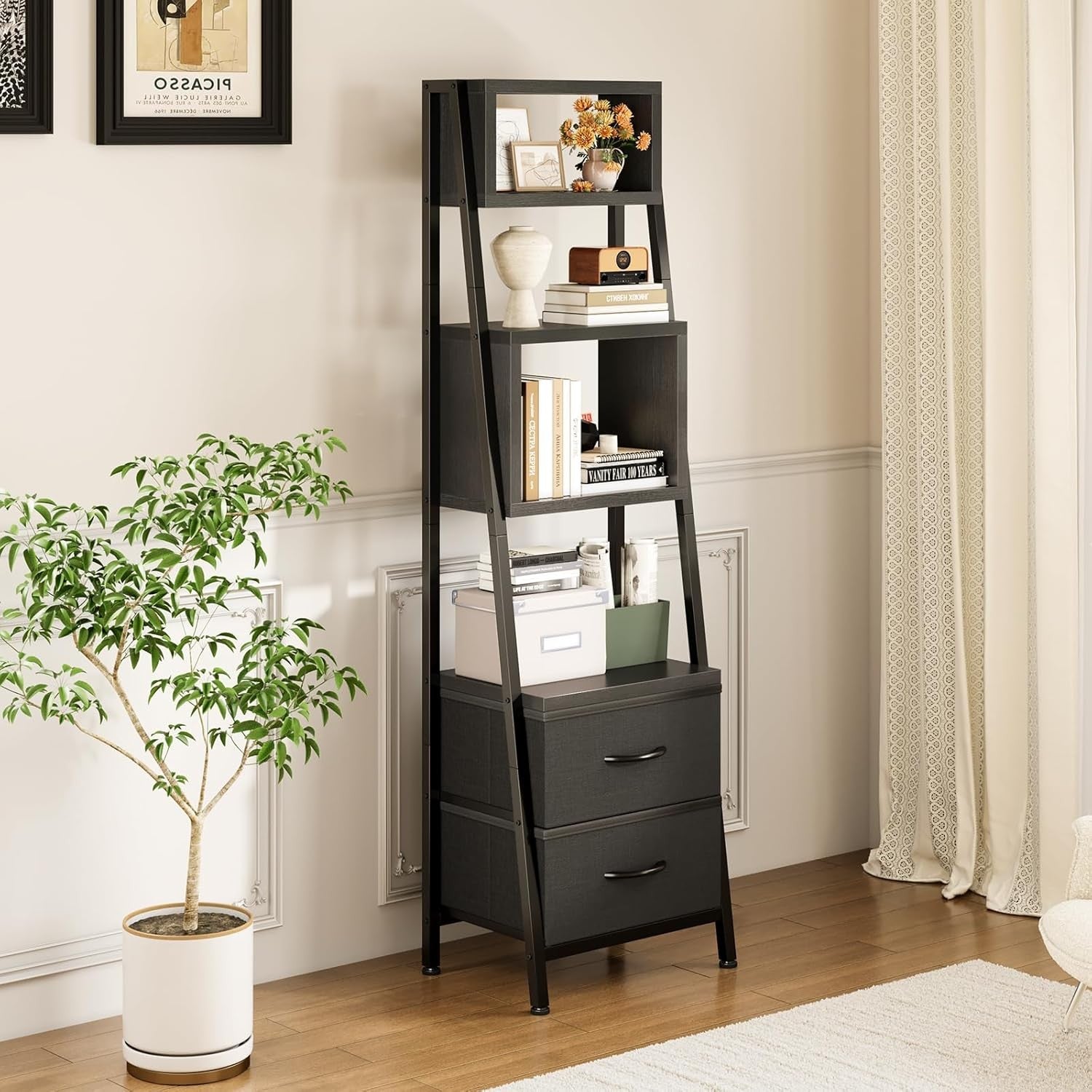 Narrow 5 Tier Bookcase with Drawers Tall Storage Shelf Unit Small Room Organiser