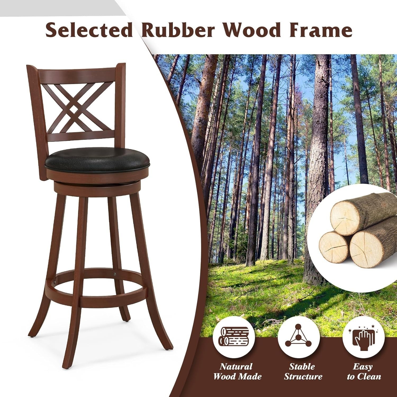 Espresso Black Swivel Bar Stools Set of 2 – Rubber Wood Counter Chairs