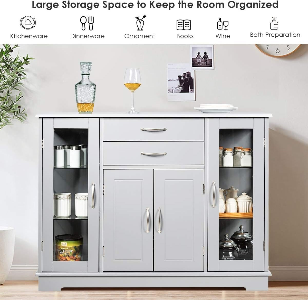 Grey Sideboard Cabinet Glass Doors Storage Drawers Buffet Unit Kitchen