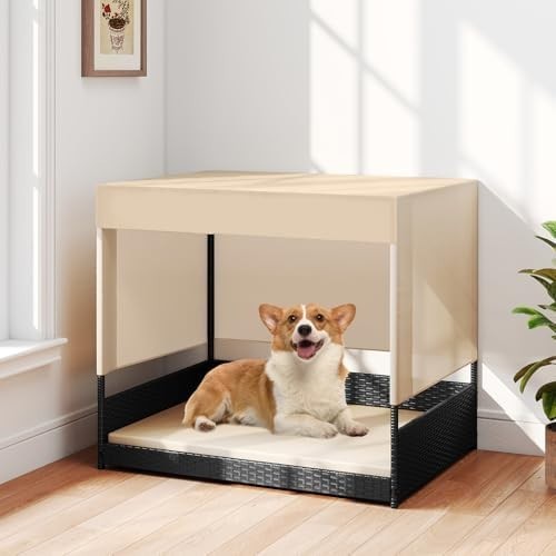 Wicker Pet House with Cushion & Roof, Raised Rattan Dog Bed for Small Dogs