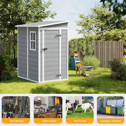 Plastic Garden Storage Shed 4.6x4ft Waterproof Outdoor Tool Shed with Floor Grey