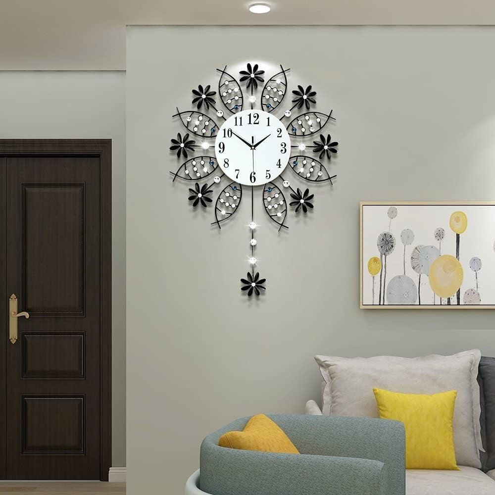 Oversized Silent Wall Clock 22" Modern Glass Crystal Pendulum Decor