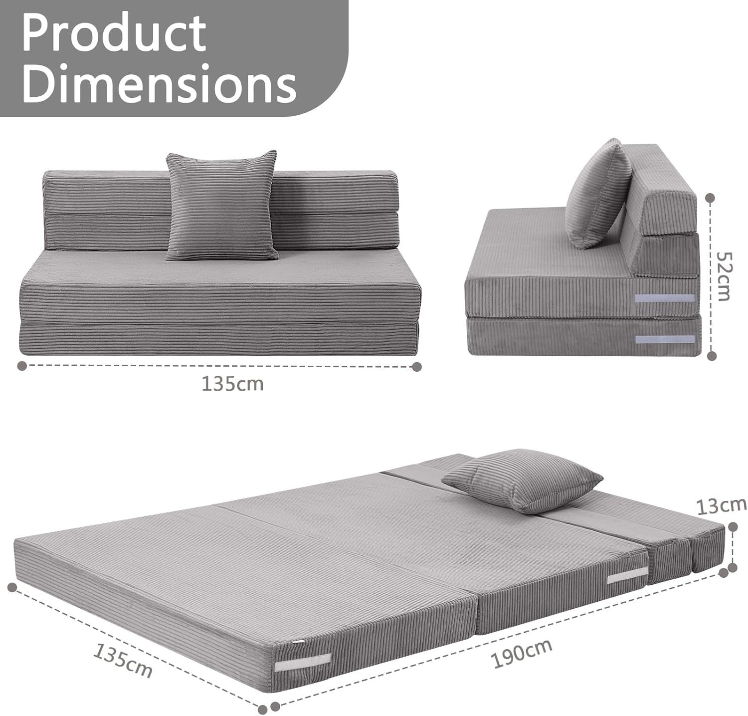 Fold Out Sofa Bed Double Futon Mattress Guest Chair Foam Grey 190x135cm