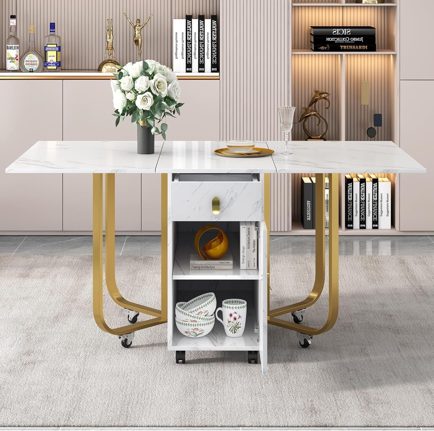 Folding Drop Leaf Dining Table with Cupboard & Drawers Space Saving 150cm White
