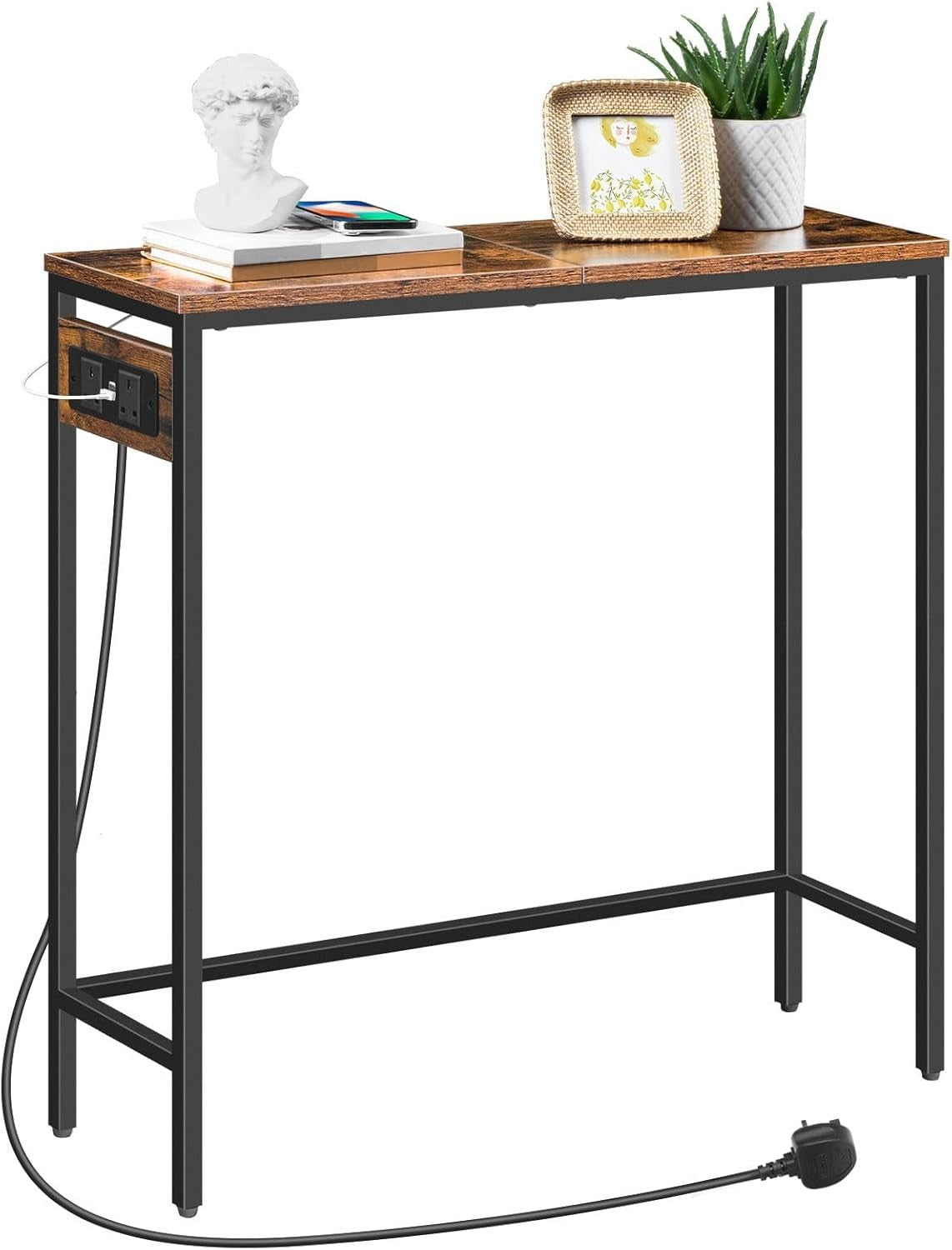 Slim Console Table with Charging Station, Rustic Hallway Desk for Small Space