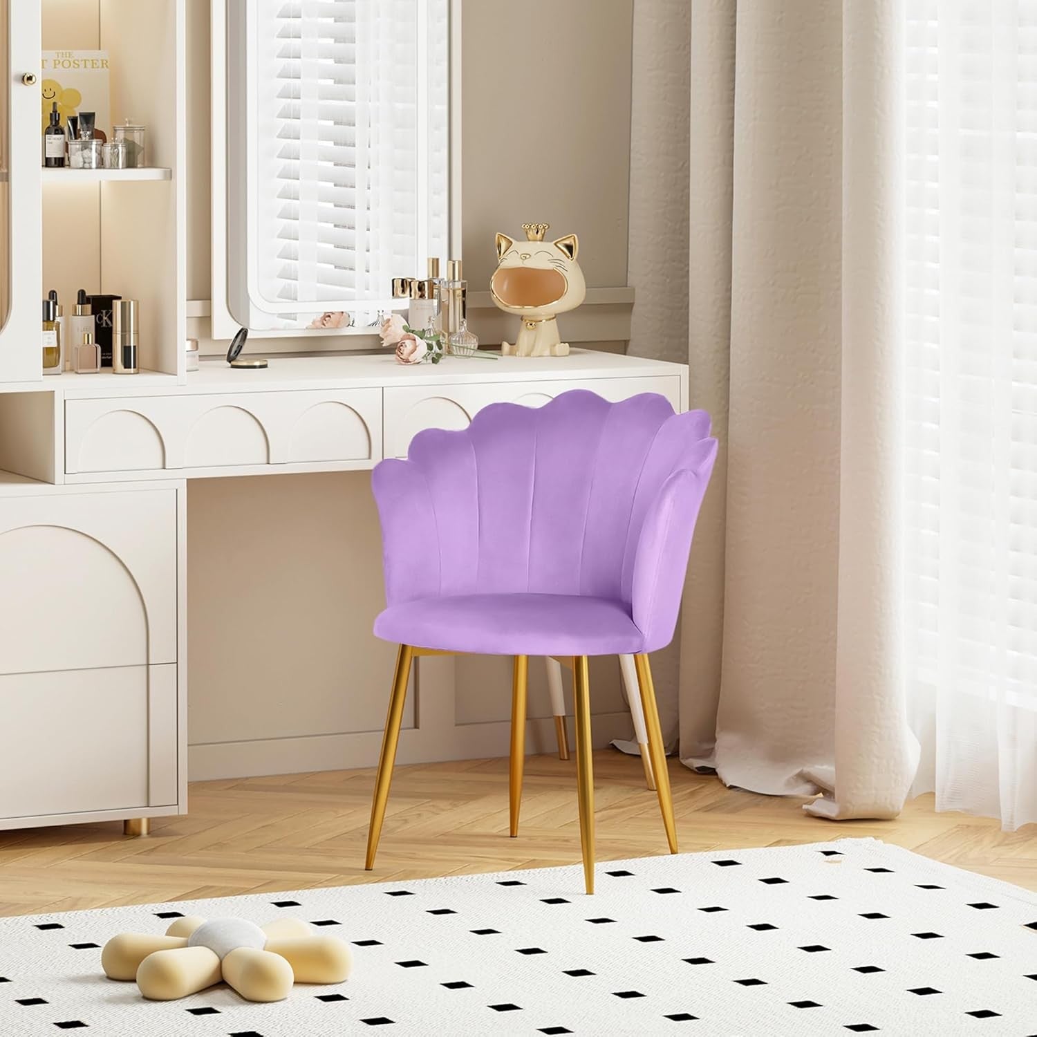 Velvet Vanity Chair Shell Back Gold Metal Legs Purple
