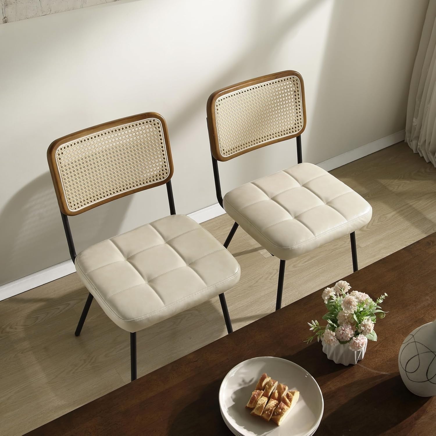 Set of 4 Rattan Dining Chairs Cushioned Cane Back Modern Kitchen Seating Beige