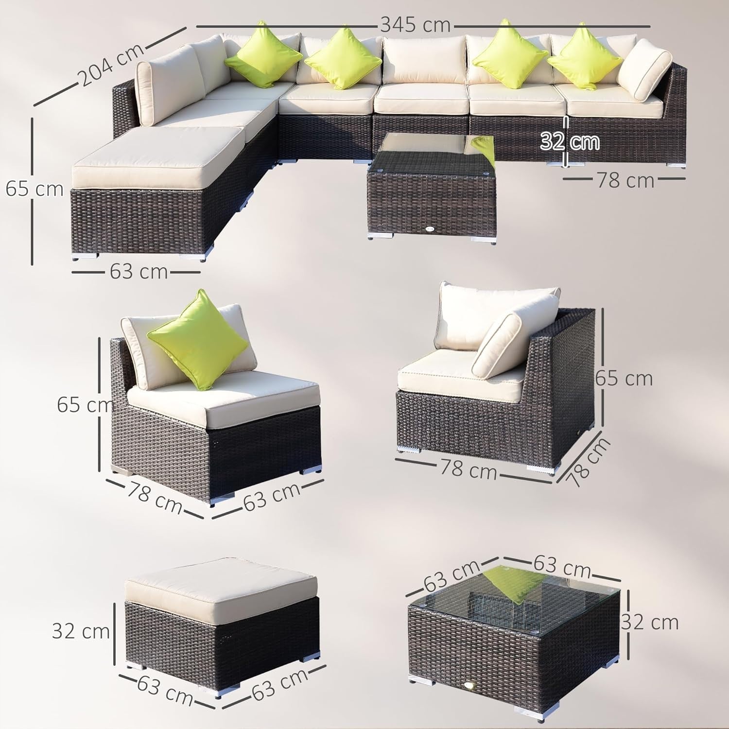 8 Seat Brown Rattan Garden Corner Sofa Set w/ Cushions & Glass Table