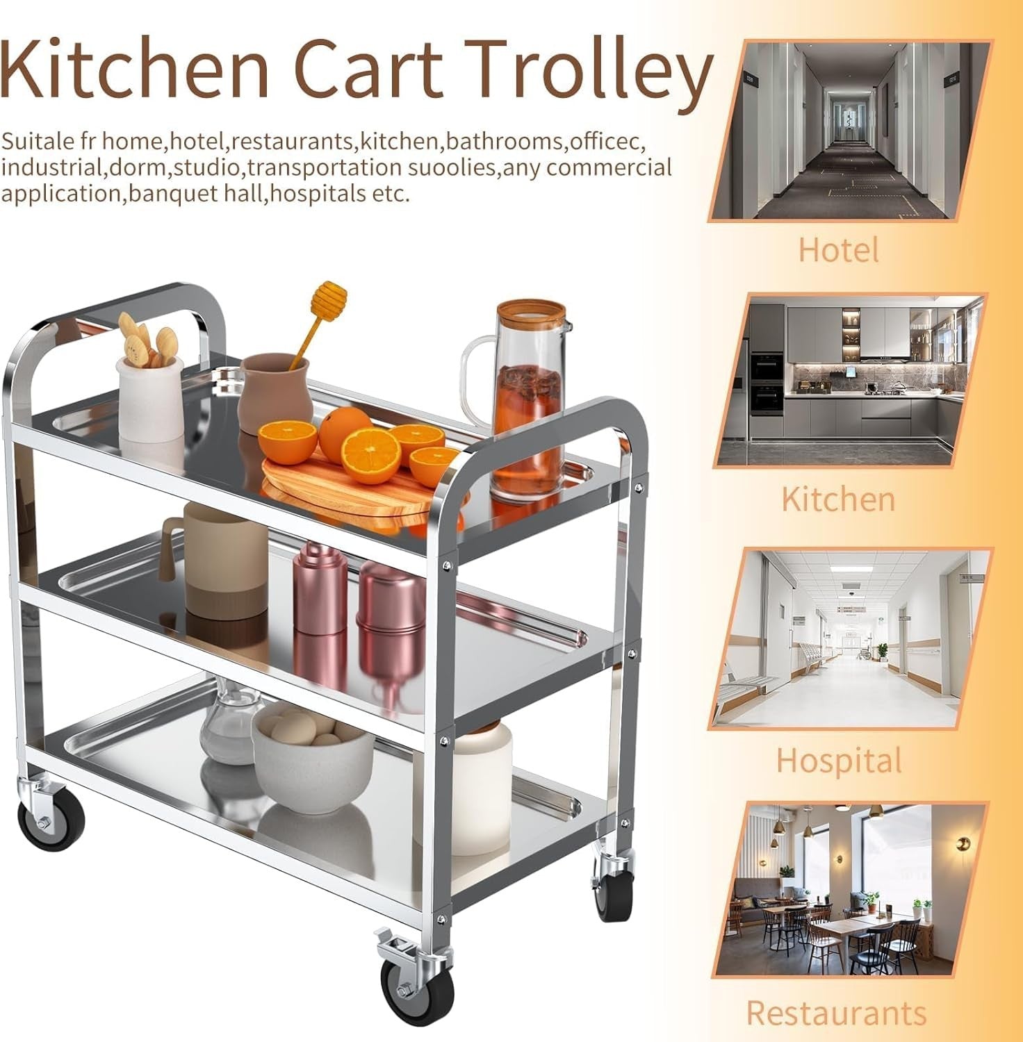 Stainless Steel Kitchen Trolley 3 Tier Utility Serving Locking Wheels