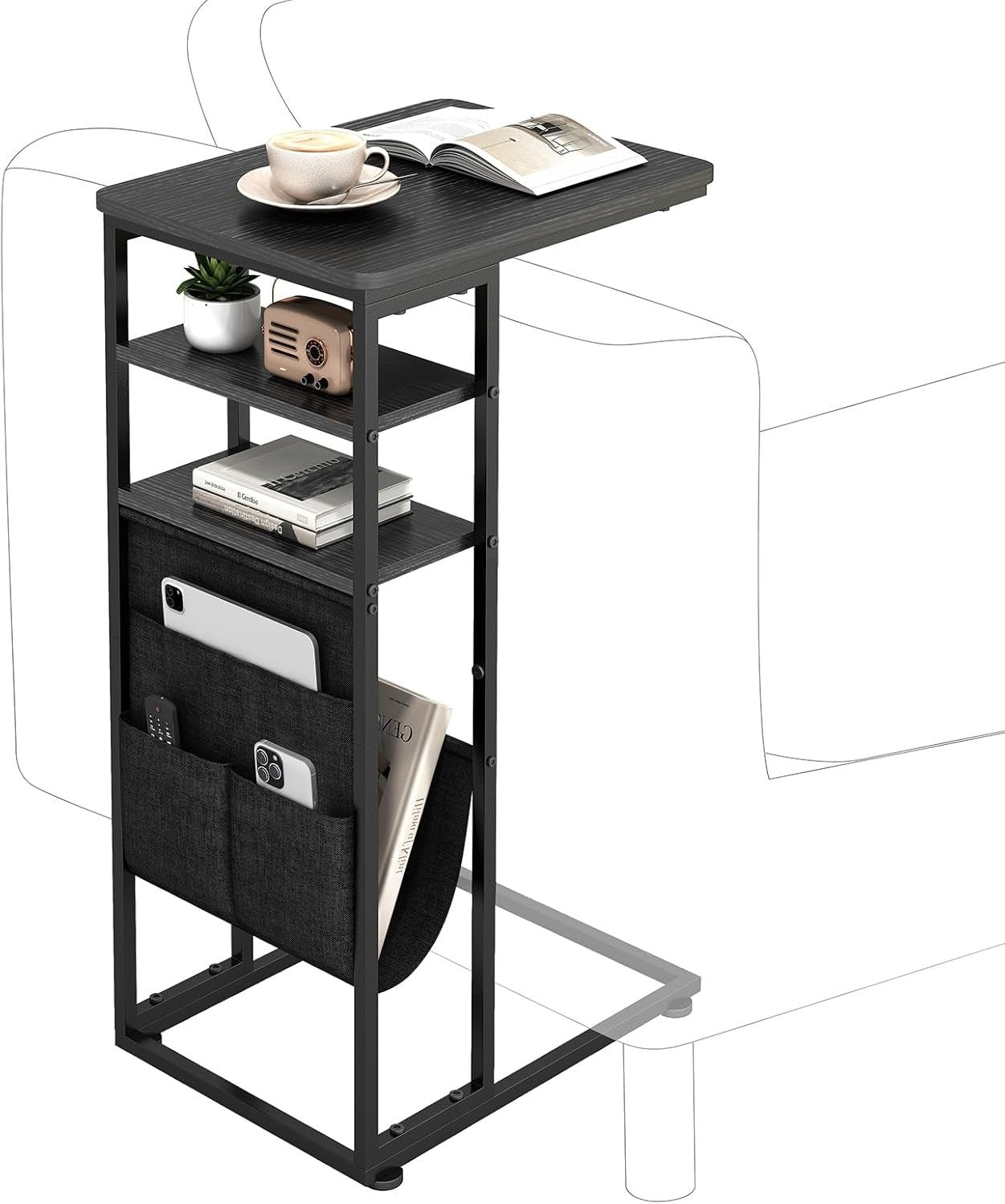 Slim Ink Black C-Shaped End Table with Storage Bag | Adjustable Metal Frame