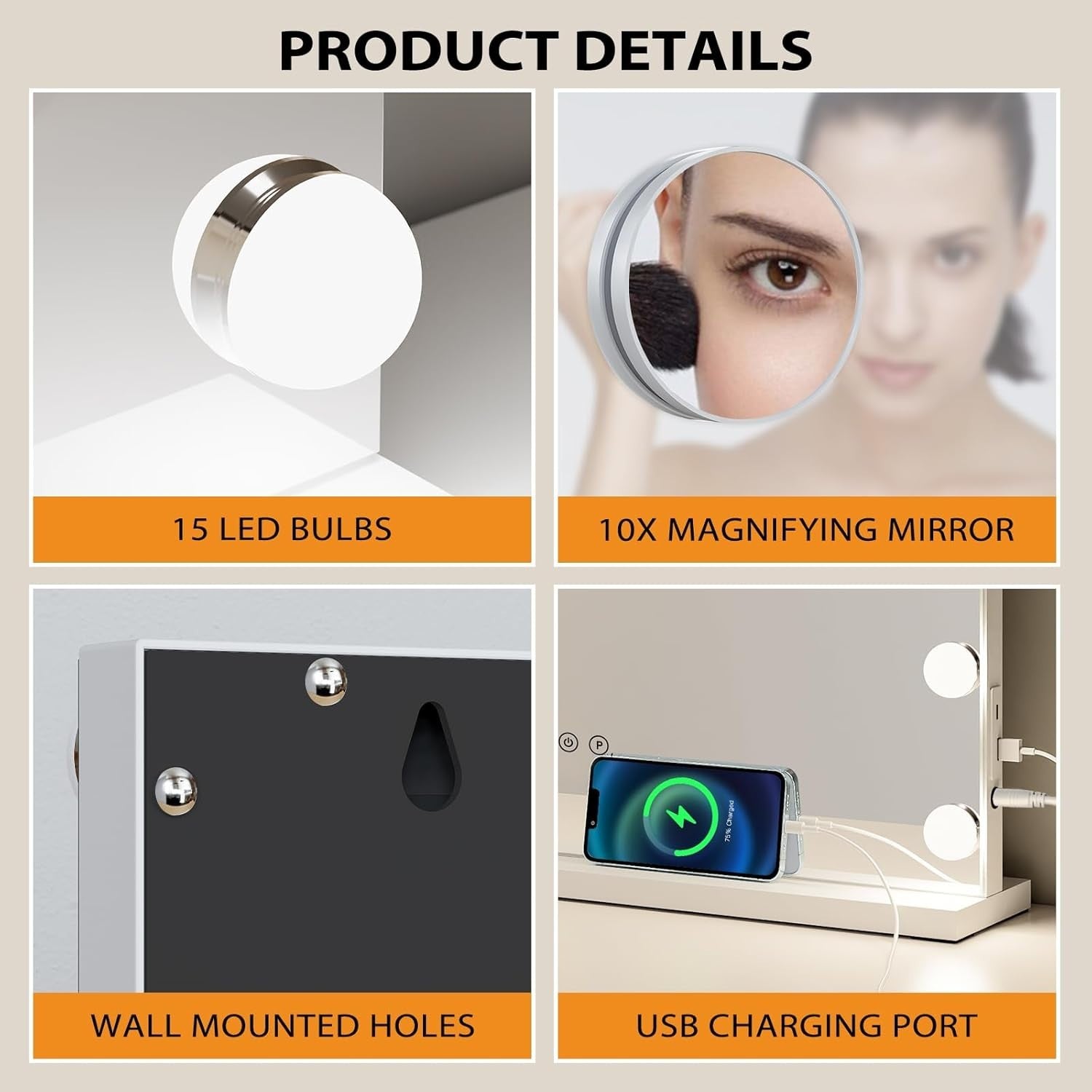 Hollywood Vanity Mirror with 15 Lights, Touchscreen, Dimmable, USB