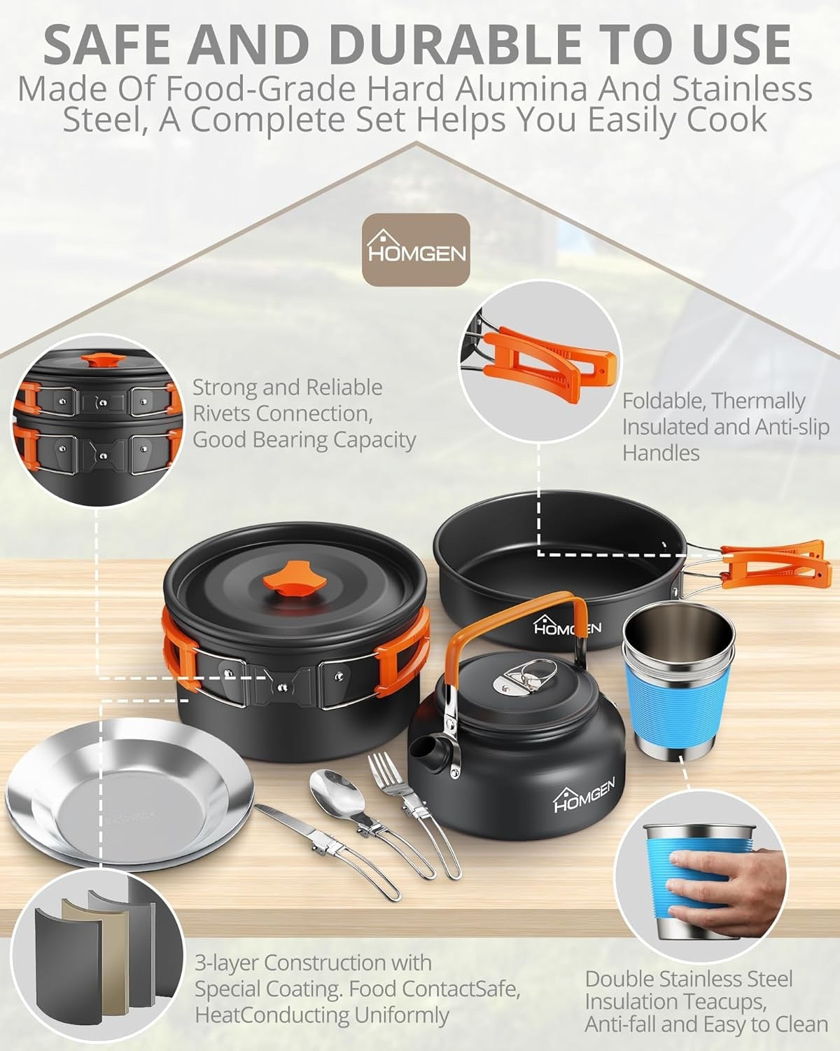 Orange Camping Cookware Set with Pot, Pan, Kettle & Windshield for 2–3 People