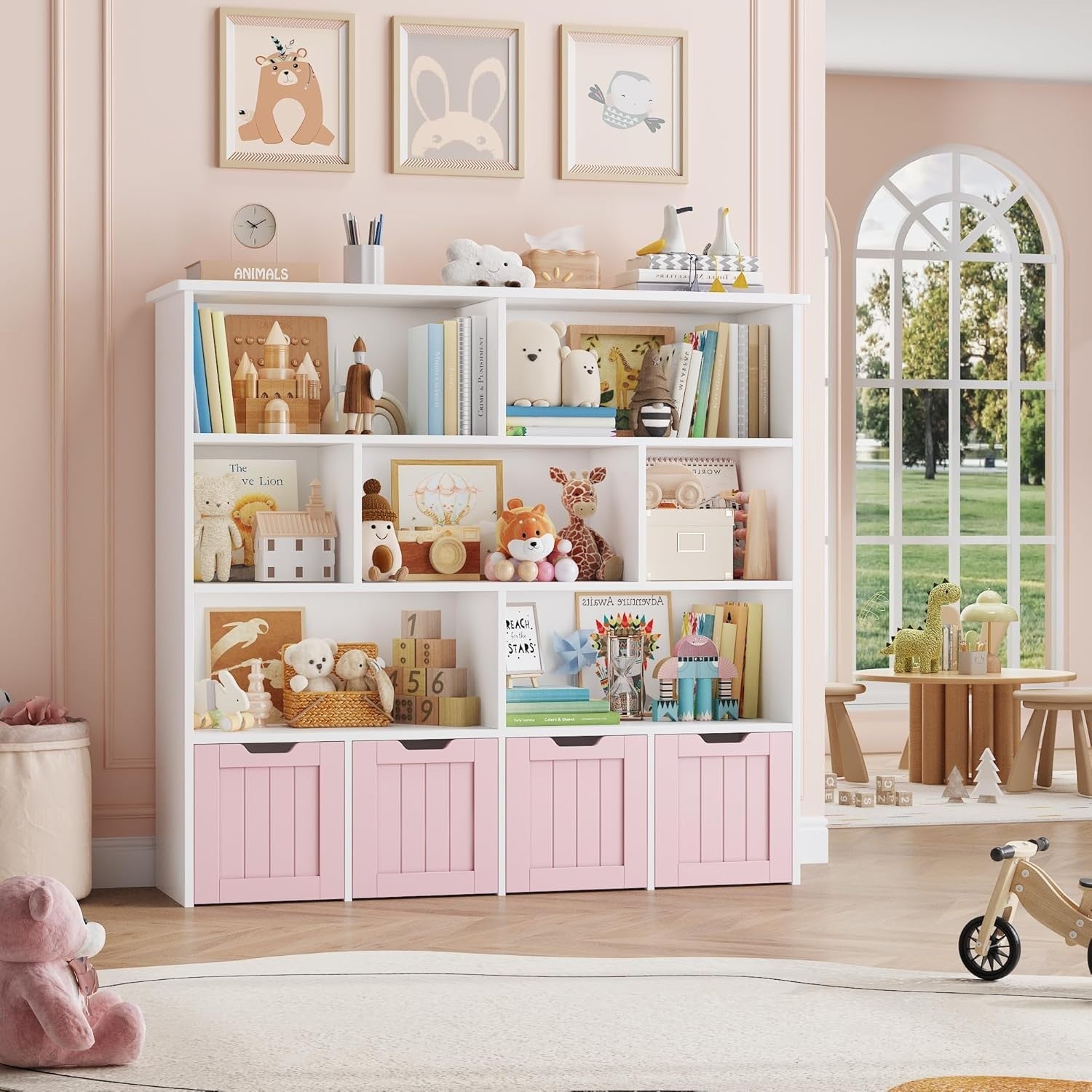Kids Toy Storage Cabinet with Shelves 4 Drawers Nursery Playroom Organizer Pink