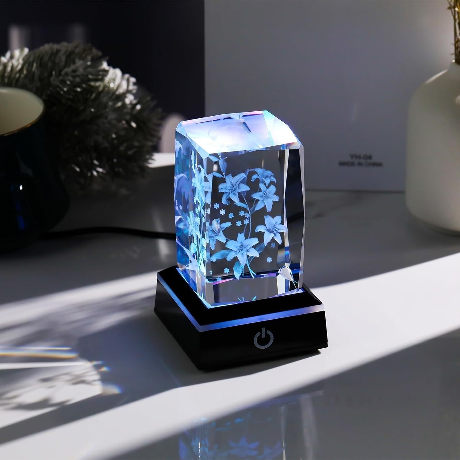 3D Crystal Lily Bouquet LED Light Cube Ornament Gift for Mum Wife Women Birthday