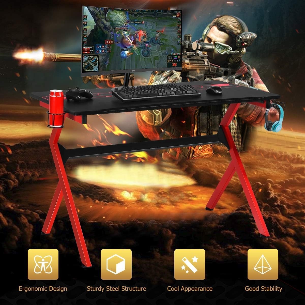R-Shaped Gaming Desk with Cup Holder & Hook 115cm Carbon Fibre PC Table